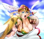 armor armored_dress blonde_hair blue_eyes braid breasts cleavage foreshortening helmet large_breasts open_mouth shield solo sword ueyama_michirou valkyrie_(vnd) valkyrie_no_densetsu weapon winged_helmet 