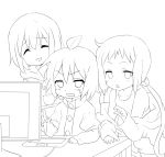  3girls bad_id computer highres kl-chan lineart maruki_(punchiki) mono_(character) monochrome multiple_girls original punchiki_(character) 