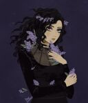  1girl black_hair choker expressionless eyelashes eyeshadow floating_hair flower frilled_shirt frills hair_flower hair_ornament holding holding_flower lavender_(flower) looking_at_viewer makeup pau see-through shirt solo the_witcher_(series) violet_eyes wavy_hair wind yennefer 