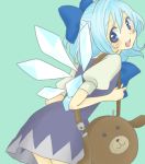  bag blue_eyes blue_hair blush bow cirno fairy leaning_forward looking_back mitsuko open_mouth ribbon short_hair simple_background smile tareme touhou wings 