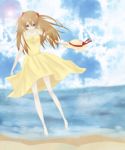  barefoot beach blue_eyes brown_hair cloud clouds dress evangelion:_2.0_you_can_(not)_advance hair_ornament hairclip hat looking_down neon_genesis_evangelion nokko rebuild_of_evangelion shikinami_asuka_langley sky solo soryu_asuka_langley souryuu_asuka_langley sun_hat sunlight yellow_dress 