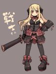  bad_id bare_shoulders blonde_hair gauntlets kashiwamochi_yomogi long_hair original pantyhose red_eyes sword translated weapon 