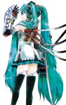  android aqua_eyes aqua_hair cable detached_sleeves from_behind hair_ornament hairclip hatsune_miku highres long_hair looking_back miniskirt pleated_skirt profile robot skirt smile thigh-highs thighhighs twintails very_long_hair vocaloid wires zettai_ryouiki 