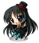  1girl akiyama_mio black_hair blue_eyes blue_legwear chibi don&#039;t_say_&quot;lazy&quot; don&#039;t_say_lazy elbow_gloves fingerless_gloves gloves hat k-on! long_hair microphone microphone_stand mini_top_hat pantyhose shinjitsu solo striped top_hat 