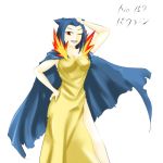  1girl cape female fire hechimaru long_hair personification pokemon red_eyes simple_background solo translated typhlosion white_background wink 