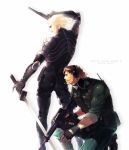  bodysuit brown_hair chokuto cigarette fingerless_gloves gloves gun headset iroquois_pliskin konami male metal_gear_solid metal_gear_solid_2 military military_uniform radio raiden rifle solid_snake sword uniform usagi_me weapon 