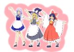  :d apron bad_id dancing detached_sleeves embarrassed hakurei_reimu high_heels ikuya_koimori izayoi_sakuya kirisame_marisa maid multiple_girls open_mouth shoes smile sweatdrop touhou 