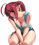  breasts cleavage collarbone collarbones kneeling legs long_hair nyamota nyamota_(noraneko_koubou) pointy_ears ponytail red_hair redhead 