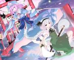  cherry_blossoms hairband hat hitodama katana konpaku_youmu konpaku_youmu_(ghost) minazuki_randoseru oudanhodou pink_hair red_eyes saigyou_ayakashi saigyouji_yuyuko short_hair silver_hair squatting sword torii touhou tree walking_on_water water weapon 