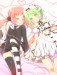  bare_shoulders child different_socks dress green_hair hand_holding headdress holding_hands kl kl-chan long_hair lying mismatched_legwear mono_(character) multiple_girls original pink_hair short_hair striped striped_legwear striped_thighhighs thigh-highs thighhighs twintails valentine 