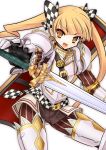  armor blonde_hair gauntlets greaves hair_ribbon iinuma_toshinori knight_(7th_dragon) meshi meshi_(pixiv_#649936) ribbon shield solo sword twintails weapon 