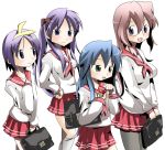  4girls blue_eyes blue_hair green_eyes hiiragi_kagami hiiragi_tsukasa izumi_konata long_hair lucky_star pink_hair purple_hair ribbon school_bag school_uniform serafuku short_hair takara_miyuki twintails 