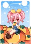 anya_alstreim bad_id blush boots bow code_geass food fruit hair_bow holding holding_fruit orange overalls pink_hair red_eyes twintails 