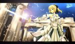  armored_dress bare_shoulders blonde_hair dress fate/stay_night fate/unlimited_codes fate_(series) gauntlets green_eyes ponytail saber saber_lily solo sunway sword weapon 