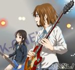  akiyama_mio amon_(pixiv) bass_guitar black_eyes black_hair blazer bowtie brown_hair dress_shirt electric_guitar guitar guitar_pick hirasawa_yui instrument k-on! les_paul long_hair miniskirt multiple_girls pleated_skirt plectrum ribbon school_uniform shirt short_hair skirt smile stage_lights 