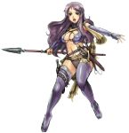  belt breasts caryo cleavage elbow_gloves final_fantasy final_fantasy_ii gloves long_hair maria_(ff2) open_mouth polearm purple_eyes purple_hair simple_background solo spear tabigarasu thigh-highs thighhighs violet_eyes weapon 