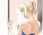  ahoge back bare_back bare_shoulders blonde_hair bust fate/stay_night fate_(series) fukurou green_eyes hands nape outstretched_hand ponytail saber short_hair solo towel wet 