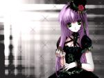  cleavage clock frilly green_eyes hat long_hair purple_hair smile 