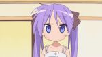  animated_gif blue_eyes gif grin hiiragi_kagami long_hair lowres lucky_star purple_hair ribbon smile twintails 