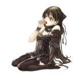  black_dress black_hair black_legwear black_thighhighs brown_eyes cherry dress feet food fruit gothic_lolita hair_ribbon hands lolita_fashion long_hair miura_yui ribbon thigh-highs thighhighs very_long_hair 