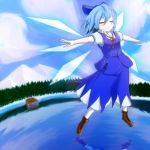  blue_hair bow chuukarudoruhu cirno closed_eyes hair_bow outstretched_arms short_hair spread_arms touhou wings 