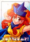  alena_(dq4) cape cherry_blossoms dragon_quest dragon_quest_iv dress earrings fu-ka gloves hat jewelry long_hair petals red_eyes red_hair redhead smile yellow_dress 