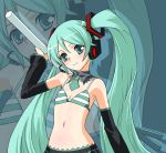  aqua_eyes aqua_hair armpits belly bikini blush detached_sleeves flat_chest hatsune_miku headphones long_hair midriff navel necktie shiono_etorouji solo spring_onion swimsuit twintails very_long_hair vocaloid zoom_layer 