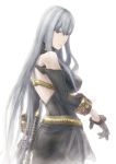  bare_shoulders blue_hair breasts from_behind gloves large_breasts long_hair looking_back official_art pantyhose raita red_eyes selvaria_bles senjou_no_valkyria senjou_no_valkyria_1 silver_hair sword turtleneck uniform very_long_hair weapon 