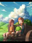  boots brown_eyes brown_hair cabbage child cloud clouds grass hill landscape nigoro orange_hair original scenery sky wagon 