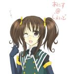  anise_tatlin brown_eyes brown_hair cosplay glasses jade_curtiss jade_curtiss_(cosplay) short_twintails solo tales_of_(series) tales_of_the_abyss twintails wink 