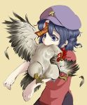  1girl bird biting blood blue_eyes blue_hair blue_hat chicken commentary_request feathers hat highres miyako_yoshika ofuda outstretched_arms rooster shika_miso simple_background solo star touhou upper_body yellow_background 
