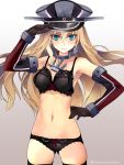  1girl alternate_costume arm_up bare_shoulders bismarck_(kantai_collection) black_gloves blonde_hair blue_eyes blush breasts closed_mouth commentary_request detached_sleeves gloves hair_between_eyes hand_on_hip hat kantai_collection long_hair looking_at_viewer medium_breasts navel peaked_cap sailor_hat shirokitsune smile solo underwear 