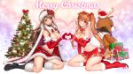  2girls blush breasts brown_hair christmas christmas_tree cleavage hat heart heart_hands heart_hands_duo highres long_hair looking_at_viewer masami_chie multiple_girls official_art santa_hat smile tagme tokyo_exe_girls twintails 