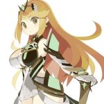  1girl armor blonde_hair breasts cleavage dress gloves mythra_(xenoblade) large_breasts long_hair looking_at_viewer paprika_shikiso solo white_background xenoblade xenoblade_2 yellow_eyes 