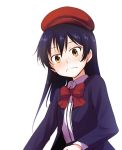  1girl bangs beret blue_hair blush commentary_request hair_between_eyes hat long_hair looking_at_viewer love_live! love_live!_school_idol_project nanotsuki red_ribbon ribbon simple_background solo sonoda_umi wavy_mouth white_background yellow_eyes 
