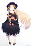  1girl abigail_williams_(fate/grand_order) bangs black_bow black_dress blonde_hair bloomers blue_eyes blush bow dress fate/grand_order fate_(series) forehead full_body hair_bow highres holding holding_stuffed_animal long_hair long_sleeves looking_at_viewer marshall_(wahooo) object_hug orange_bow parted_bangs polka_dot polka_dot_bow simple_background sleeves_past_wrists solo stuffed_animal stuffed_toy teddy_bear underwear very_long_hair white_background white_bloomers 