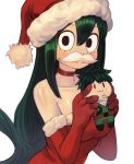  1girl asui_tsuyu bare_shoulders black_eyes blush boku_no_hero_academia character_doll choker closed_mouth commentary_request dress elbow_gloves fake_mustache fur_trim gloves green_hair hair_between_eyes hat holding long_hair looking_at_viewer midoriya_izuku red_choker red_dress red_gloves red_hat santa_costume santa_hat simple_background smile solo sookmo upper_body very_long_hair white_background 