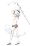  1girl alternate_costume armpits arms_up bangs bare_legs black_eyes black_footwear black_ribbon black_shorts blunt_bangs floating from_behind full_body ghost hair_ribbon highres holding holding_sword holding_weapon konpaku_youmu konpaku_youmu_(ghost) nibi ribbon shoes short_hair shorts silver_hair simple_background sketch sleeveless solo sword tassel touhou weapon white_background 