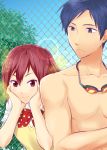  1boy 1girl apolix blue_hair blue_sky bow brown_eyes brown_hair chain-link_fence collarbone day fence free! goggles hands_on_own_cheeks hands_on_own_face matsuoka_gou outdoors polka_dot polka_dot_bow ryuugazaki_rei school_uniform shirtless sky smile violet_eyes 