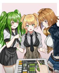  3girls arms_up bangs belt black_choker black_gloves black_legwear black_neckwear black_skirt blonde_hair blush braid breasts brown_hair buckle choker collared_shirt corset eyebrows_visible_through_hair eyewear_on_head fur-trimmed_jacket fur_trim gameplay_mechanics girls_frontline gloves green_eyes green_hair grizzly_mkv_(girls_frontline) hair_between_eyes highres holster jacket large_breasts leaning_forward long_hair long_sleeves looking_at_viewer m950a_(girls_frontline) medium_breasts multiple_girls navel neckerchief necktie open_mouth pleated_skirt pointing sailor_collar school_uniform shirt shooene short_hair short_shorts short_twintails shorts sidelocks simple_background skirt sleeves_rolled_up smile sunglasses tablet thick_eyebrows thigh-highs thigh_holster trembling twintails vest violet_eyes welrod_mk2_(girls_frontline) yellow_eyes 