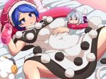  1girl :d belly belly_rub blue_eyes blue_hair breasts capelet character_doll covered_navel dream_soul dress kishin_sagume layered_dress looking_at_viewer lying medium_breasts on_back open_mouth peso_(cheese_company) pom_pom_(clothes) seductive_smile sheep smile smug solo spread_legs tail tapir_tail touhou 
