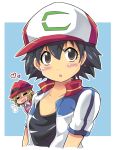  1boy 1girl baseball_cap black_hair black_shirt blush brown_eyes character_request closed_eyes colonel_aki commentary_request hair_between_eyes hat heart heavy_breathing jacket open_mouth pokemon pokemon_(game) satoshi_(pokemon) shirt short_sleeves sleeveless sleeveless_shirt smile translation_request trap 