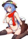  1girl absurdres bangs bikini black_hat black_legwear blue_hair blush boots breasts brown_footwear cleavage closed_mouth coat food fruit hat hat_ribbon highres hinanawi_tenshi large_breasts long_hair looking_at_viewer looking_to_the_side neropaso peach red_eyes red_scarf ribbon scarf side-tie_bikini simple_background sitting solo string_bikini swimsuit thigh-highs touhou very_long_hair white_background white_bikini white_ribbon 