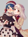  2girls bangs blue_eyes blue_hair blush bow bowtie braid brown_eyes brown_jacket capelet commentary cowboy_shot doremy_sweet dress eyebrows_visible_through_hair french_braid grey_background hat highres jacket kishin_sagume long_sleeves multiple_girls nightcap nose_blush open_clothes open_jacket open_mouth pom_pom_(clothes) purple_dress red_neckwear retota short_hair silver_hair simple_background sweat sweatdrop touhou yuri 