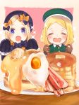  2girls :d abigail_williams_(fate/grand_order) bangs beret black_bow black_dress black_hat blonde_hair blue_eyes blush bow brown_gloves closed_eyes collared_jacket commentary_request dress drooling egg facing_viewer fate/grand_order fate_(series) food forehead gloves green_hat green_jacket hair_bow hands_up hat heart_in_eye highres jacket long_hair long_sleeves looking_at_viewer matsuda_(0yx38755230263c) multiple_girls open_mouth orange_bow pancake parted_bangs paul_bunyan_(fate/grand_order) plate polka_dot polka_dot_bow short_hair sleeves_past_wrists smile sparkle stack_of_pancakes sunny_side_up_egg table very_long_hair 