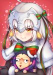  1girl :i ahoge black_gloves bow caster_(fate/zero) character_doll commentary elbow_gloves fate/grand_order fate_(series) fur_trim gloves green_ribbon headpiece jeanne_d&#039;arc_(fate)_(all) jeanne_d&#039;arc_alter_santa_lily kelinch1 pout ribbon short_hair solo striped striped_bow striped_ribbon yellow_eyes 