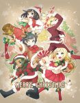  2girls 3boys animal_costume animal_ears antlers bell black_hair blonde_hair boots braid brother_and_sister candy candy_cane christmas coat dark_skin dark_skinned_male food fur_trim gift gladio_(pokemon) green_eyes green_hair grin hat hau_(pokemon) highres lillie_(pokemon) lollipop long_hair long_sleeves merry_christmas miu_(miuuu_721) mizuki_(pokemon_sm) multiple_boys multiple_girls one_eye_closed open_mouth pants pokemon pokemon_(game) pokemon_sm red_coat red_hat red_pants reindeer_antlers reindeer_costume reindeer_ears sack santa_costume santa_hat short_hair siblings smile snowflakes twin_braids you_(pokemon_sm) 