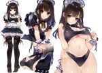  1girl :q all_fours bikini bikini_under_clothes black_bikini black_eyes black_hair black_legwear breasts brown_eyes brown_hair cleavage closed_mouth cowboy_shot curvy eyebrows_visible_through_hair gluteal_fold kou_mashiro large_breasts long_hair looking_at_viewer maid maid_headdress multiple_views navel original simple_background standing swimsuit thigh-highs tongue tongue_out under_boob white_background wide_hips wrist_cuffs 