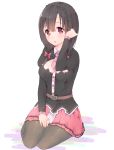  1girl absurdres black_hair blush braid breasts highres kono_subarashii_sekai_ni_shukufuku_wo! large_breasts long_hair looking_at_viewer manatsuki_manata necktie open_mouth pantyhose red_eyes ribbon smile yunyun_(konosuba) 