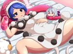  1girl :d belly belly_rub blue_eyes blue_hair breasts capelet character_doll covered_navel doremy_sweet dream_soul dress kishin_sagume layered_dress looking_at_viewer lying medium_breasts on_back open_mouth peso_(cheese_company) pom_pom_(clothes) seductive_smile sheep skirt skirt_removed smile smug solo spread_legs tail tapir_tail touhou 